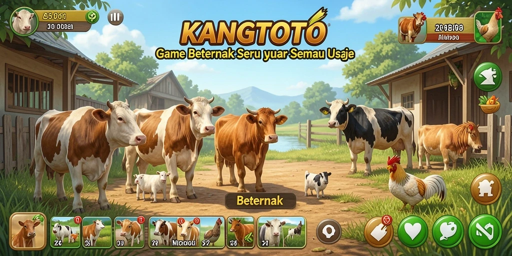 Antarmuka KANGTOTO menampilkan perkebunan yang cerah dan hewan-hewan lucu.